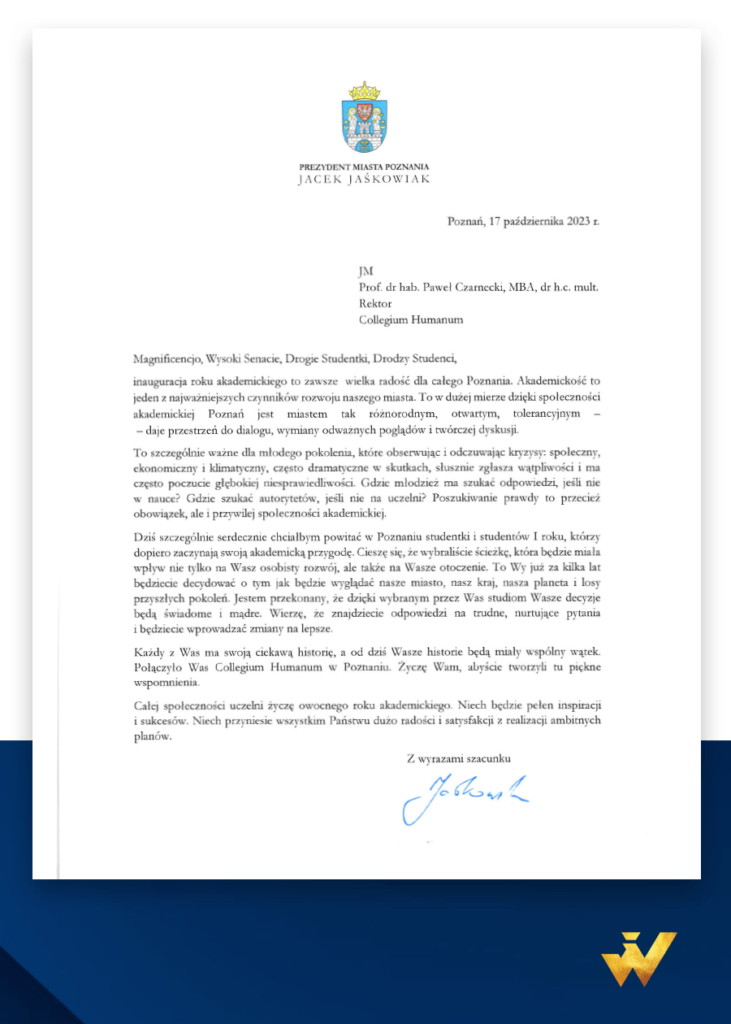 List gratulacyjny od Prezydenta Miasta Poznania Jacka Jaśkowiaka