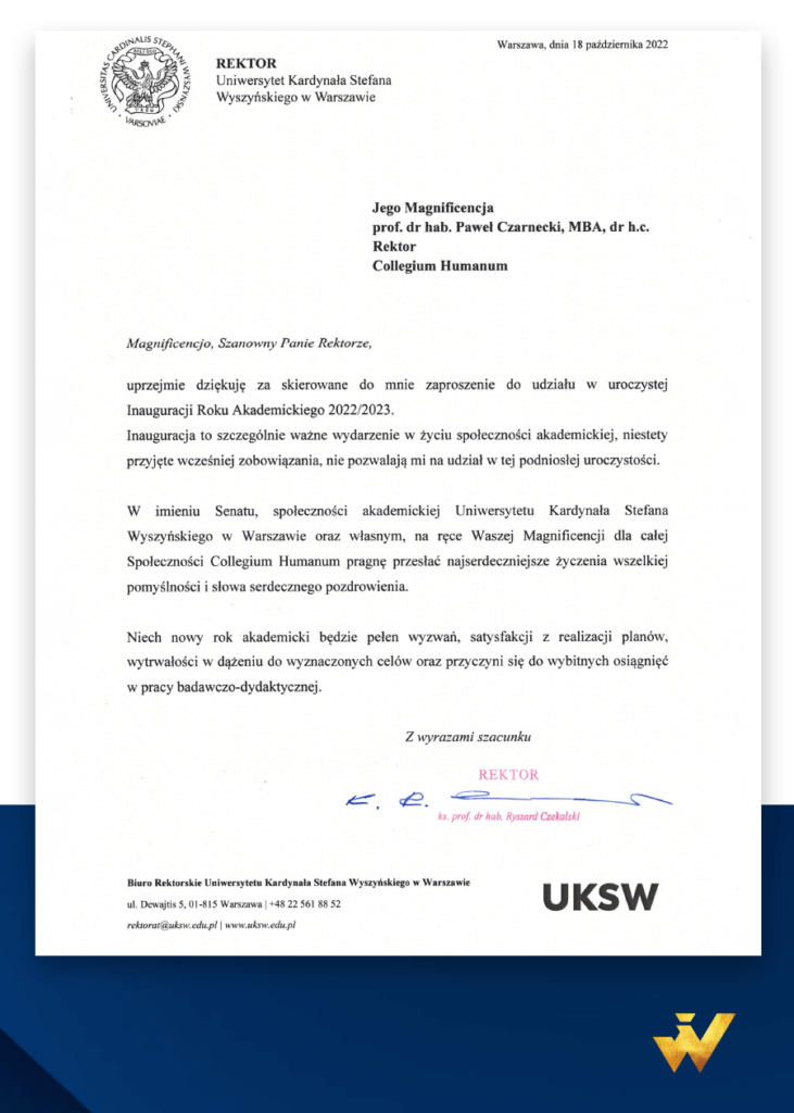 Podziękowanie od JM Rektora UKSW ks. prof. dr. hab. Ryszarda Czekalskiego za zaproszenie na uroczystość Inauguracji Roku Akademickiego 2022/23