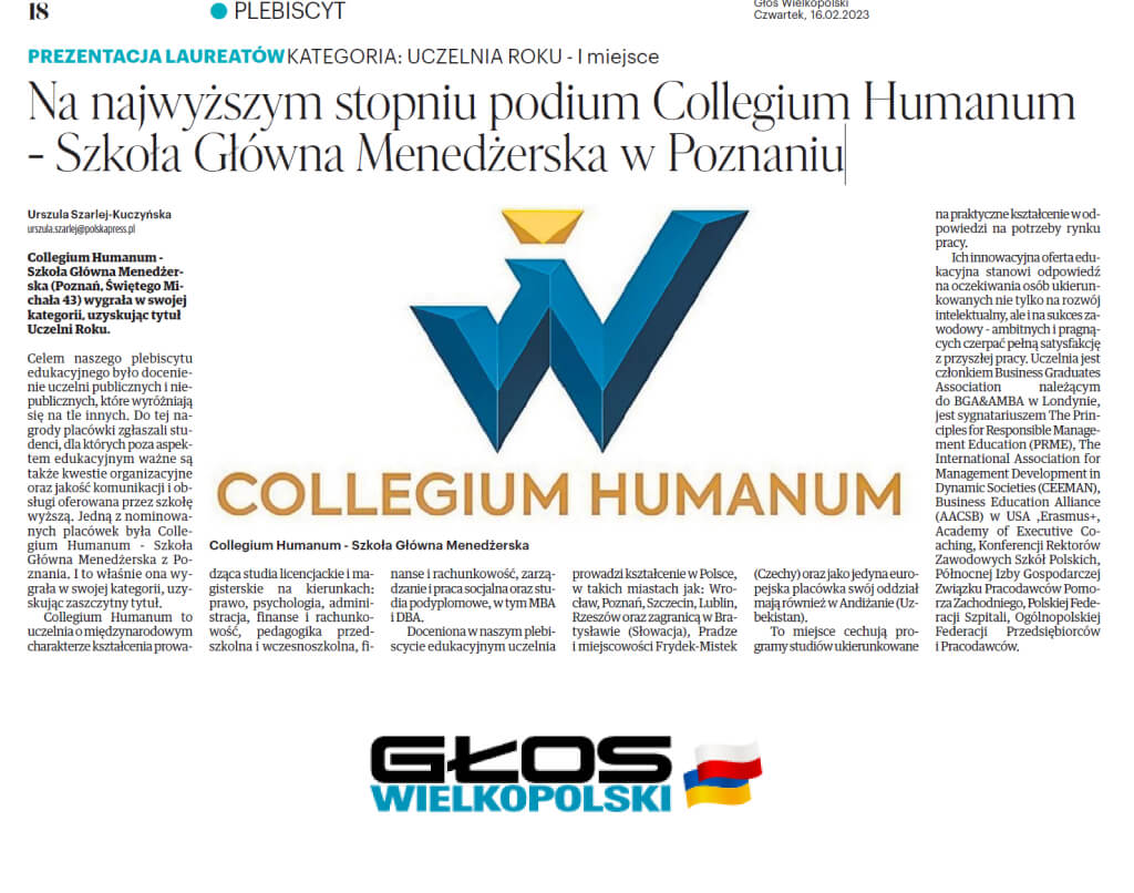 Na najwyższym stopniu podium Collegium Humanum – Szkoła Główna Menedżerska w Poznaniu